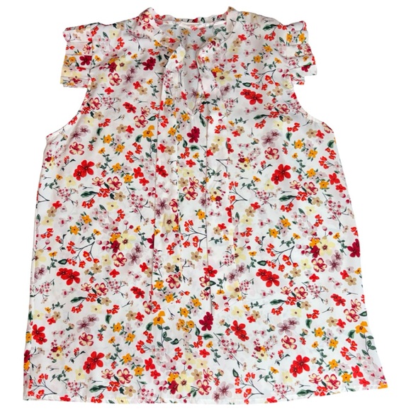 Les Amis Floral Tie Neck Blouse Size M Sleeveless Ruffle Shoulder Top - Picture 2 of 10